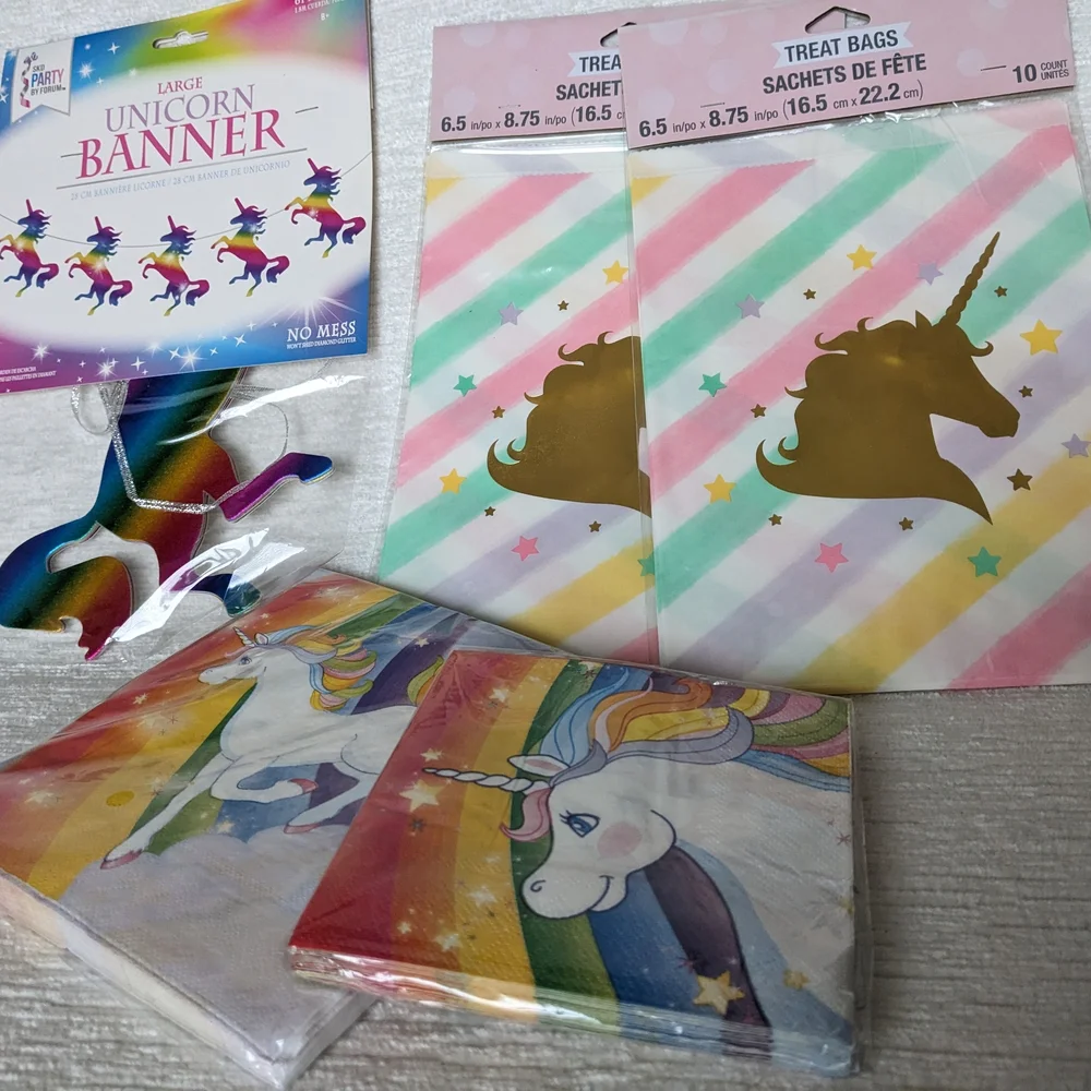 Unicorn Theme Party Supplies : Treat Bags, Napkins and Banner